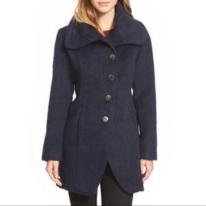 Guess Asymmetrical Cut Away Navy Wool Blend Coat